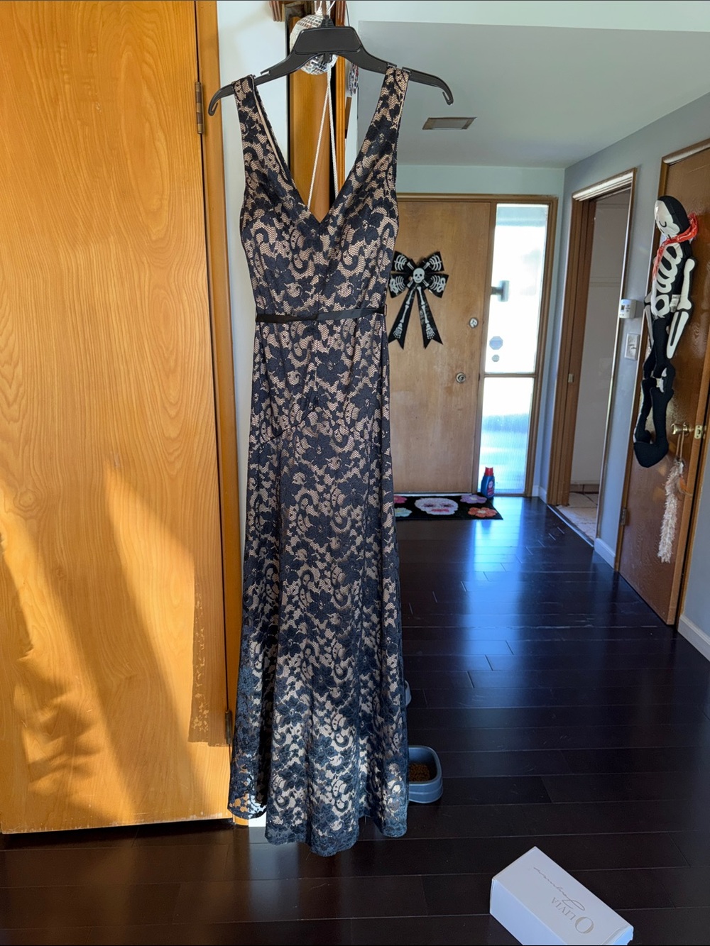 B. Smart Black Lace Maxi Dress with Nude Underlay